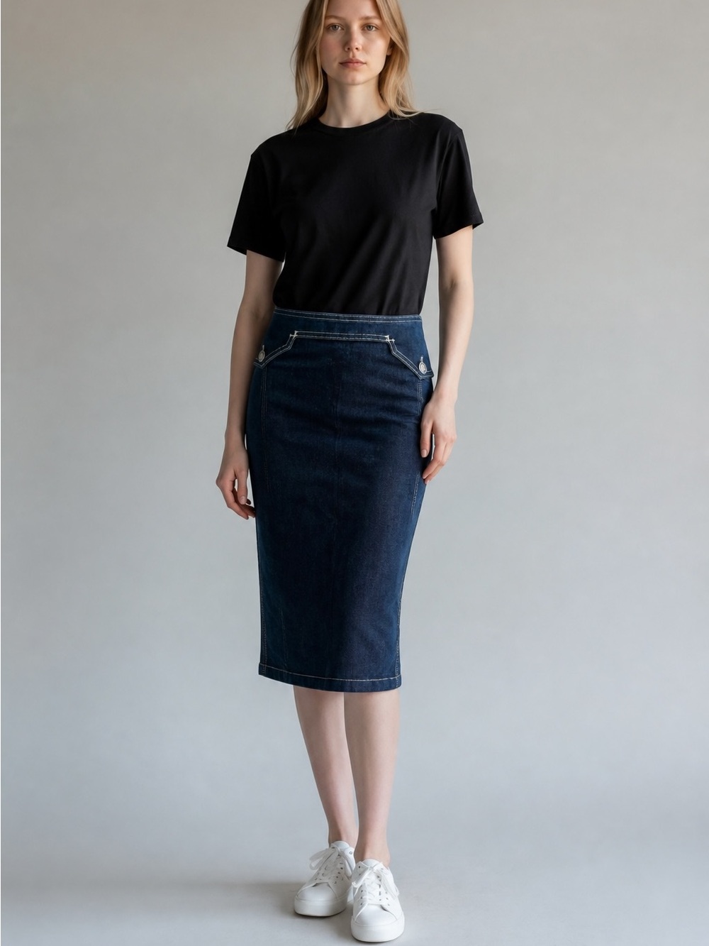 Les Copains Dark Blue Denim Midi Pencil Skirt